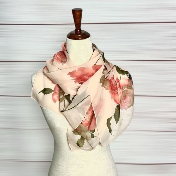 Echo Silk Chiffon Square Scarf Semi Sheer Peach Color Floral Roses - Picture 4 of 11
